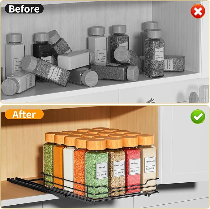 RCHYFEED Pull Out Spice Rack Organizer for Cabinet,Slide out Spice Organizer for Inside Cabinets,Heavy Duty Spice Organization for Kitchen and Pantry,Seasoning,Sauces(1-Tier,6.5