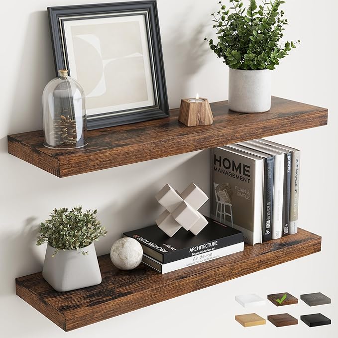 30 Inch Floating Shelves for Wall Set of 2, 8"D Wood Grain Bathroom Shelves with Invisible Brackets, Easy Install Engineered Wood Storage Shelves for Kitchen, Living Room, Bedroom, Rustic Brown Finish