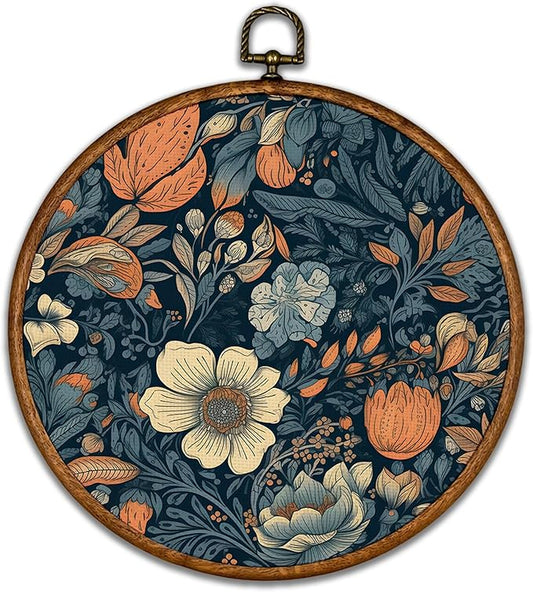 KSDUT Aesthetic Flower Dark Blue Wall Art Decor - Botanical Neutral Mid Century Modern Wall Art Canvas Frame Hanging Prints, Vintage Landscape Round Wall Art Decor for Home Decorations 10"x10"