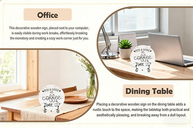Coffee Desk Decor Sign, Farmhouse Wood Plaque, It Is Coffee Time Wood Sign, Cafe Lover Gifts, Decor For Home Kitchen Table Top, Wooden Round Decorations With Stand-18