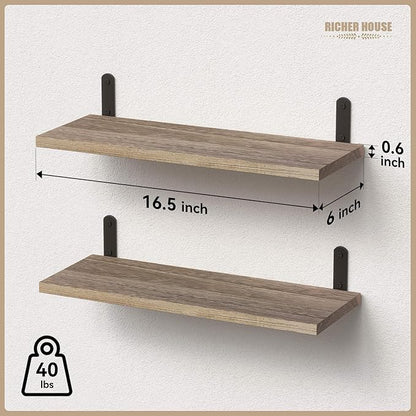 RICHER HOUSE Rustic Wood Shelves Set of 2, Farmhouse Style Floating Shelf for Wall Décor, Hanging Shelves for Bathroom, Bedroom, Storage, Kitchen, Living Room - Carbonized Black | for Wall Décor, for Bathroom, Bedroom, Storage, Kitchen, Living Room