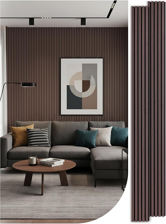 Mollywell Wood Slat Wall Panels - Time-Saving Installation Soundproof Slat Panels on Any Wall Surface, 0.95 NRC Dual-Layer Acoustic Design, Commercial-Grade MDF Core (2 Pack, 108x8in, Dark Walnut)