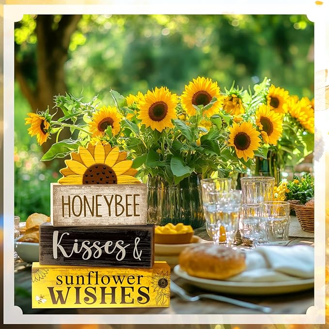 4 Pcs Summer Table Decor Wooden Sunflower Tiered Tray Decor Rustic Farmhouse Yellow Block Signs Gifts Summer Tabletop Centerpieces for Home Kitchen Coffee Bar Decorations