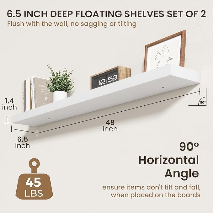 48 Inch Floating Shelves | 6.5 Inch Deep White Floating Shelves Set of 2 | 48