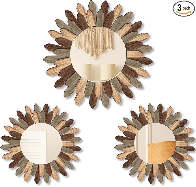 3 Pcs Boho Wall Decor Round Sunburst Mirror Boho Circle Mirror with Rustic Wood Frame Decorative Hanging Wall Art for Farmhouse Home Decor,17 Inch and 12 Inch(Tril Color)