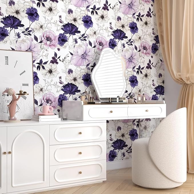 Watercolor Floral Peel and Stick Wallpaper,Purple/White/Pink Flower Contact Paper, Botanical Wall Paper Self Adhesive Removable Waterproof for Bedroom Shelves Cabinet Drawer Table Decor 17.5" x 393.7"