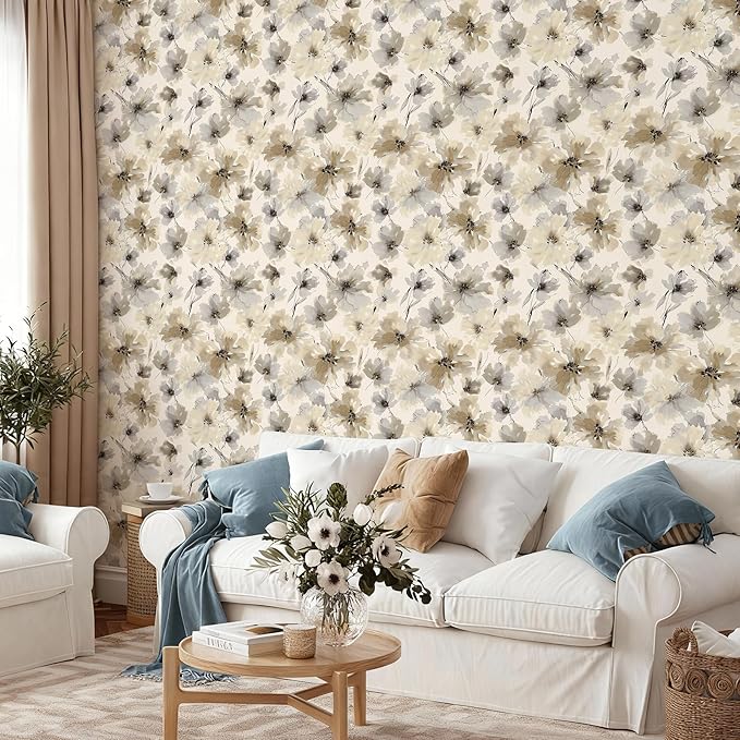 JiffDiff Beige Flower Watercolor Flower Peel and Stick Wallpaper, Honey Wheat Yellow, 17.3x393.7 inch, 48.5 sq ft, Straight Match