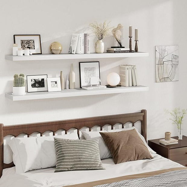 Fun Memories 12 Inch Deep Floating Shelves, 67 Inch Long Extra Large Floating Shelves Set of 2, Rustic Wood Wall Shelves for Living Room, Kitchen, Bedroom, Farmhouse, Laundry Room, Home Office - White