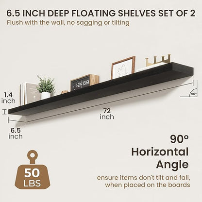 72 Inch Floating Shelves | 6.5 Inch Deep Black Floating Shelves Set of 2 | 72" W x 6.5" D Rustic Black Wood Wall Shelves with Invisible Brackets for Bathroom Living Room Bedroom