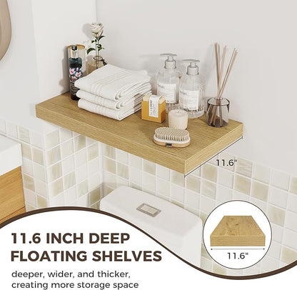 Fun Memories 24 x 12 Inch Deep Floating Shelves, 12 Inch Deep Rustic Wooden Book Shelf, Extra Deeper & Thicker Hanging Shelves for Living Room, Bathroom, Bedroom, Kitchen, Office, Set of 3 (Oak)