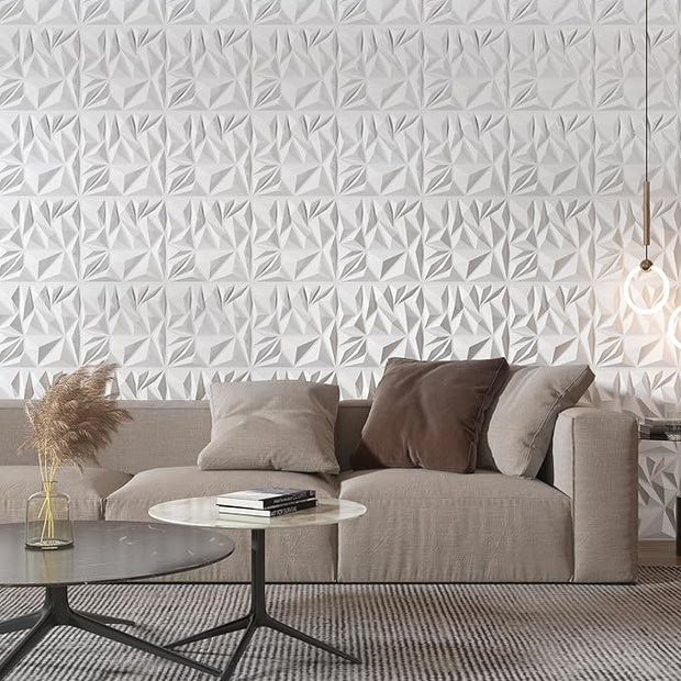 Art3d 50-Pack 3D Wall Panels for Interior Wall Decor, Modern Diamond Textured Accent Wall Paneling for Gaming Living Room TV Wall Background, 12 x 12 inch White