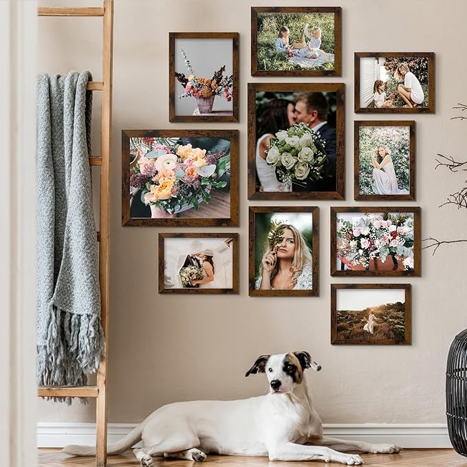 LUCKYLIFE Picture Frame Set 10-Pack, Gallery Wall Frame Collage with 8x10 5x7 4x6 Frames in Yellow Brown Finishes