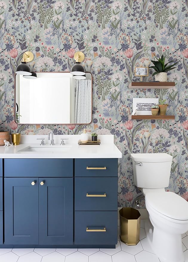 Peel and Stick Wallpaper Vintage Wall Paper Gray/Purple Floral Contact Paper Removable Wallpaper 17.3