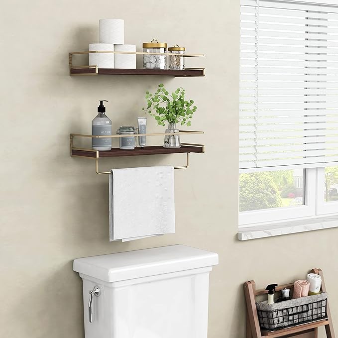 Floating Shelves Bathroom Shelves Over Toilet Set of 2, Bathroom Wall Shelves with Towel Bar, Wall Mounted Vanity Shelf for Bedroom, Kids Room, Kitchen (Brown & Gold)
