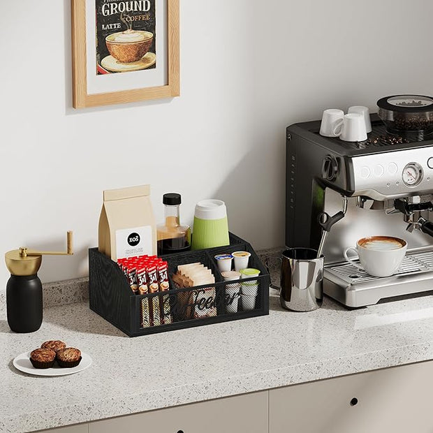 YINMIT Coffee Station Organizer for Countertop, Wood Coffee Bar Organizer with Removable Dividers for Pods, Syrup, Cups, Stirrer, Tea - Office Bar Accessories, Iron Mesh-Black