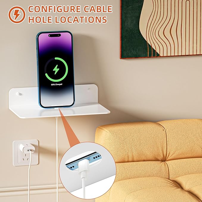 Small Floating Shelves, 9" Adhesive Wall Shelf with Cable Hole, No Drilling, Metal Display Ledges for Living Room, Bedroom, Bathroom (Glossy White, 2 Pack)