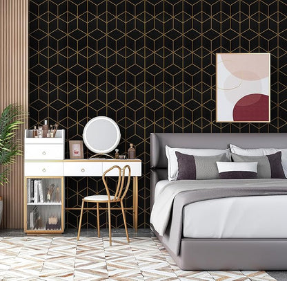 Safiyya 590"x17.3" Black Wallpaper Gold and Black Contact Paper Peel and Stick Geometric Wallpaper Removable Wallpaper for Walls Covering Vinyl Rolls