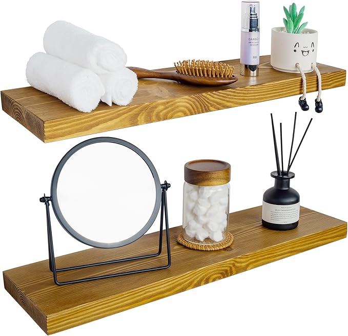 BGMG Wood Floating Shelves for Wall 24 inch Set of 2, Rustic Wooden Wall Mount Shelves for Living Room Bedroom Kitchen Farmhouse-24x6.7x1.25 inch- Gold Oak