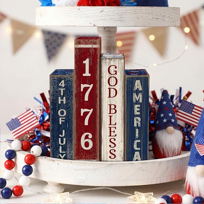 4 Pcs 4th of July Table Decoration Wooden Book 1776 God Bless America Decor Patriotic Tiered Tray Decor Farmhouse Red White and Blue American Block Signs for 250th Anniversary Home Shelf