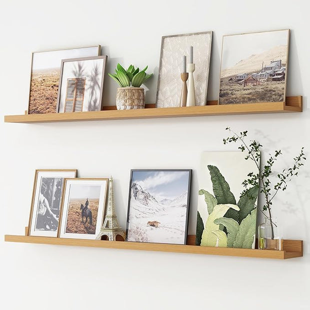 Picture Ledge Shelf, Floating Shelves Set of 2, 48 Inches Long Large Nursery Book Shelves for Toys Storage, Kids Bookshelf Wall Mounted for Living Room Bedroom Decor Books Photo Frames, Natural Oak
