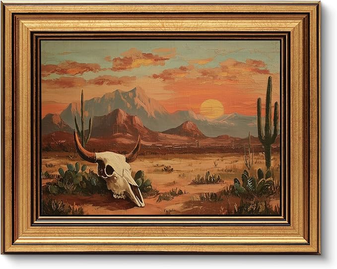 VIYYIEA Gold Small Framed Canvas Art, Vintage Western Desert Landscape Art Prints,8x10Inch, Retro Southwest Cowboy Bull Skull Decor for Home Bedroom Living Room Office Shelf, Cozy Brown Decor