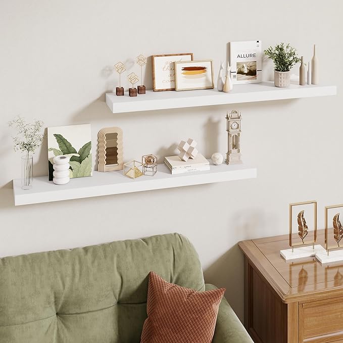 40 Inch Floating Shelves | 6.5 Inch Deep White Floating Shelves Set of 2 | 40" W x 6.5" D Rustic White Wood Wall Shelves with Invisible Brackets for Bathroom Living Room Bedroom