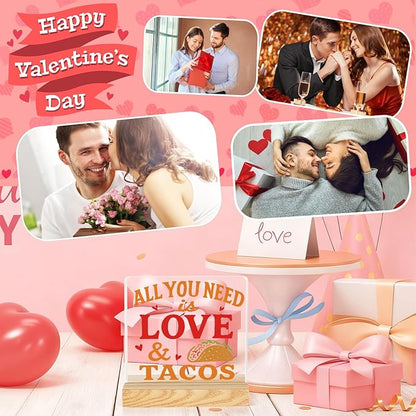 Valentines Desk Decor, Happy Valentine's Day Home Office Table Sign for Porch Tiered Tray Shelf Party, Rustic Romantic Acrylic Gifts Decorations for Him Her Wife, All You Need is Love Tacos