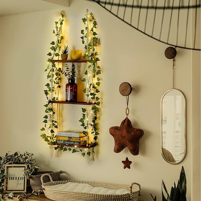 Hanging Shelf with Vine Lights(USB Powered), Macrame Shelf, Wall Shelf with Handmade Ropes, 3 Tier Floating Shelf, Boho Room Decor Aesthetic for Succulents, Bedroom, Living Room, Bathroom