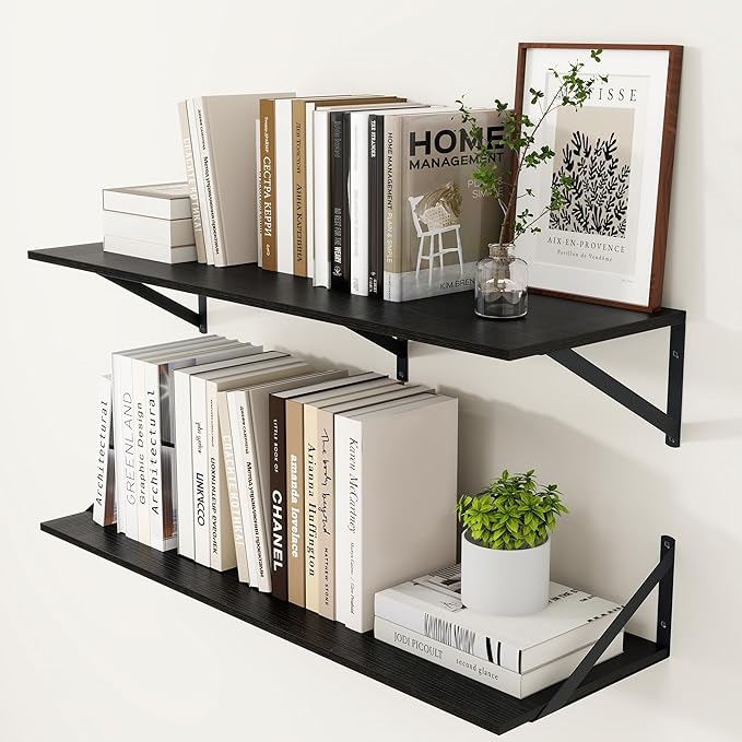 Heimlove Black Deep Floating Shelves for Wall, 36W x 12D Wood Wall Shelves Set of 2, Wide Floating Bookshelf for Living Room, Kitchen, Office, Bedroom and Decor Storage, with Metal Bracket - Black