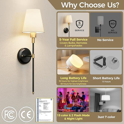 DORESshop Battery Operated Wall Sconce Set of 2, Wireless Wall Light Easy to Install, 7 Color Rechargeable Wall Sconces, Sconce Wall Decor Set of 2 for Bedroom, Living Room, Gold and Black, 24.6in