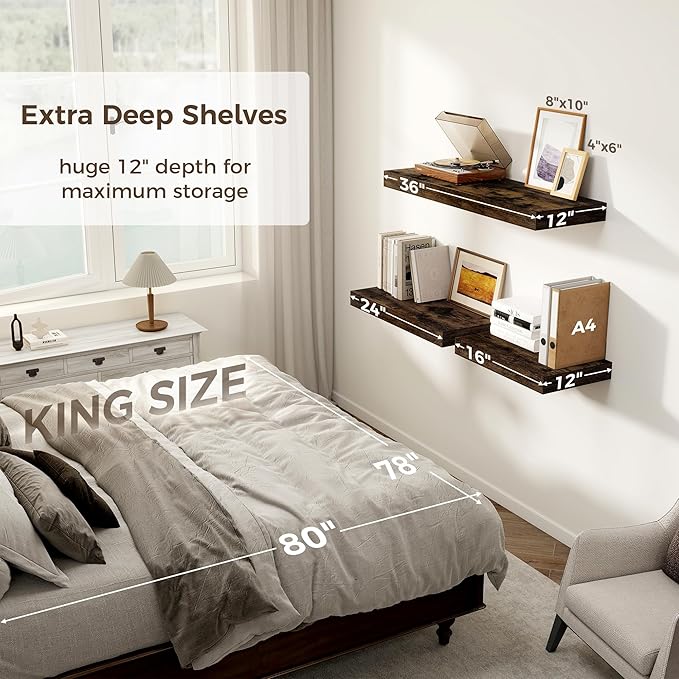 12 Inch Deep Floating Shelves, 24 x 12 Floating Shelf for Books, Rustic Wood Deep Wall Shelves for Home Storage & Display, 2