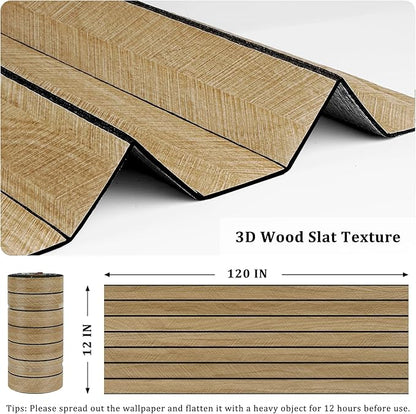 3D Brown Wood Panels for Walls 120" x 12" Acoustic Slat Wall Paneling Peel and Stick Wood Panels Self Adhesive Flexible Wooden Slat Wallpaper for Bedroom Living Room Wall Decor Ceiling