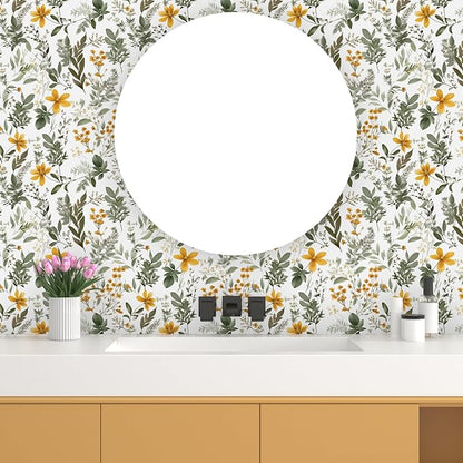 Vintage Leaf Wallpaper Peel and Stick,Green Yellow Floral Contact Paper 17.5" x 393", Botanical Flower Wall Paper Self Adhesive Removable Waterproof for Room Bedroom Shelves Cabinet Table Decor