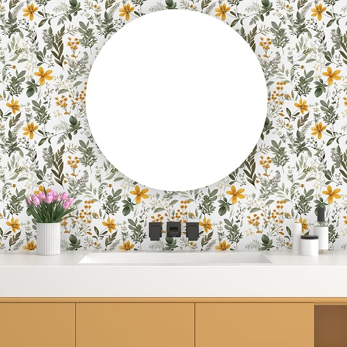Vintage Leaf Wallpaper Peel and Stick,Green Yellow Floral Contact Paper 17.5