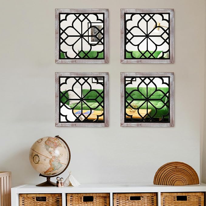 ZEXUIRU Set of 4 Wooden Rustic Square Wall Mirror Vintage Style Decorative Entry Mirror Farmhouse Wall Decoration for Living Room Bedroom Bathroom Kitchen 11.8 * 11.8inch Brown…