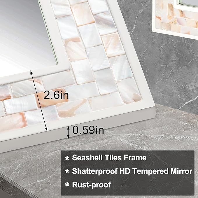 Tanmicoshomy Coastal Bathroom Mirror 24x36 Inch, Mother of PeB0FQ4SCCP3arl Inlay White Mirrors for Bathroom, Bedroom or Living Room