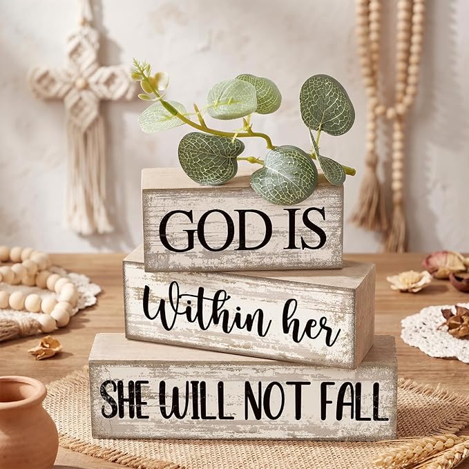 4 Pcs Christian Table Decor Inspirational Religious Gifts for Women God Is Within Her Bible Verse Wooden Block Signs Gift Farmhouse Christian Centerpiece for Mother's Day Home & Office