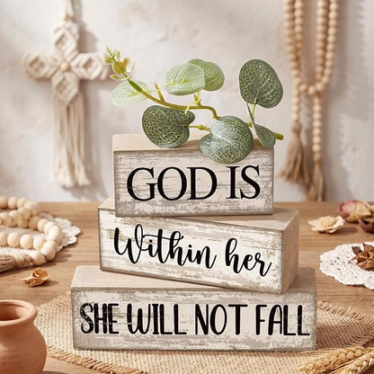 4 Pcs Christian Table Decor Inspirational Religious Gifts for Women God Is Within Her Bible Verse Wooden Block Signs Gift Farmhouse Christian Centerpiece for Mother's Day Home & Office