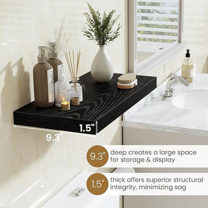 Fun Memories 72 Inch Long Floating Shelves for Wall, 72x9.3 Large Floating Shelf for Bedroom, Kitchen, Bathroom, Wall Mounted Rustic Wood Shelves with Invisible Bracket for Books, Decor, Black