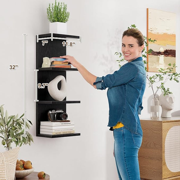 Fun Memories 4 Tier Wall Shelf Unit, Vertical Floating Shelf, Wall Mount Lack Shelving Home Decor Organizer Tall Tower Design Utility Shelving for Bedroom Living Room, Black