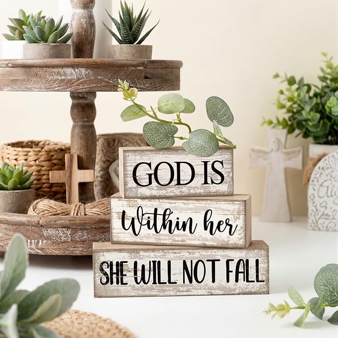4 Pcs Christian Table Decor Inspirational Religious Gifts for Women God Is Within Her Bible Verse Wooden Block Signs Gift Farmhouse Christian Centerpiece for Mother's Day Home & Office