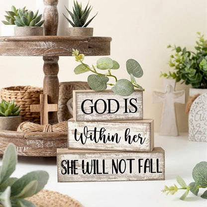 4 Pcs Christian Table Decor Inspirational Religious Gifts for Women God Is Within Her Bible Verse Wooden Block Signs Gift Farmhouse Christian Centerpiece for Mother's Day Home & Office