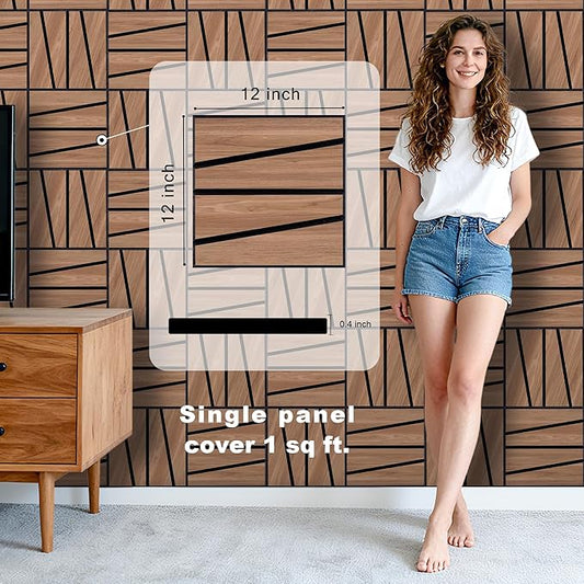 WoveN SounD Artisan Acoustic Wall Panels, 16 Pack 12x12 Inch, Wood Veneer Carved Sound Proof Wall Decor, Self-Adhesive for Home, Studio, Office & Focus Zones, Cut Prism, Teak