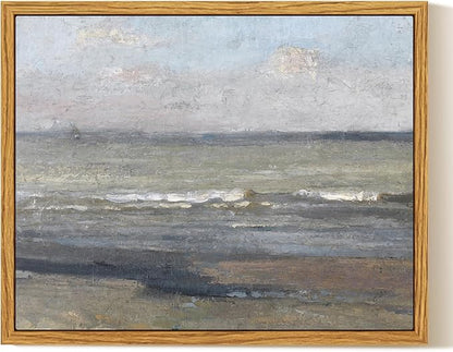 InSimSea Framed Canvas Print Art, Vintage Coastal Beach Landscape Painting, Rustic Farmhouse Cottage Decor for Hallway Wall Floating Shelf Desk Vanity Fireplace,10x8in, Neutral Tones