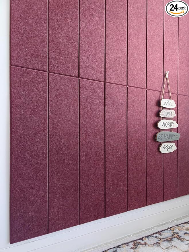 Shiplap Felt Wall Panels for Interior Wall Decor, Accent Wall Paneling for Bedroom Living Room & Office, Peel and Stick, Sound Absorbing – 24 Pack Felt Tiles with Adhesive – Redwine