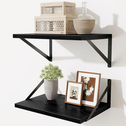 Deep Floating Shelves,16" Wx10 D Floating Shelves for Wall Set of 2,Heavy Duty Wood Floating Shelf with Metal Bracket,Wall Mounted Hanging Shelf for Living Room Bedroom Bathroom Kitchen,Black