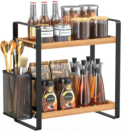 LEMIKKLE 2-Tier Wood Coffee Bar Organizer With Basket,Kitchen organizers and storage,Spice Rack Organizer for Countertop,Kitchen
