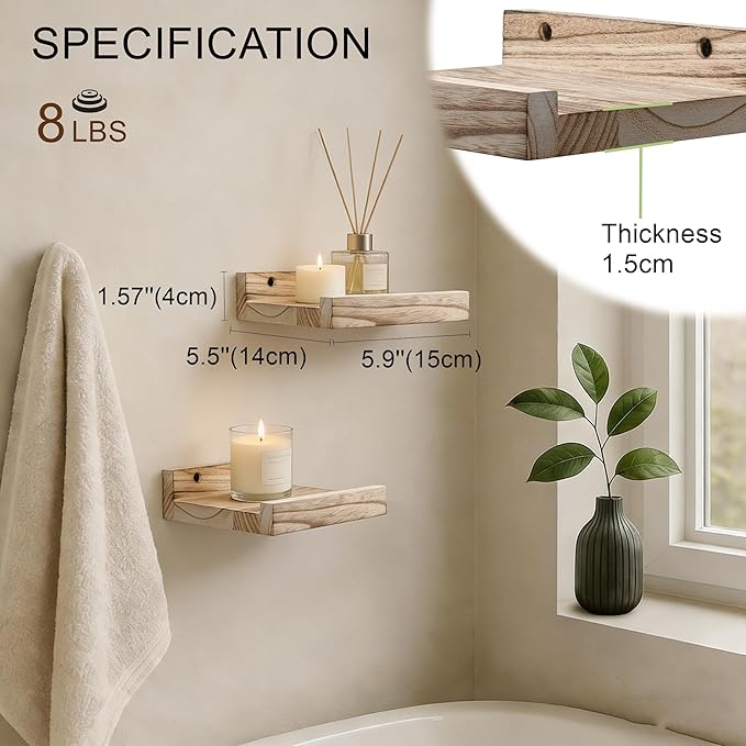 Z metnal Mini Floating Shelves, Small Natural Wooden Display Wall Shelf for Picture Ledge, Pawlownia, Wall Mounted, Light Brown, 6 x 5.5inch, 3 Pack