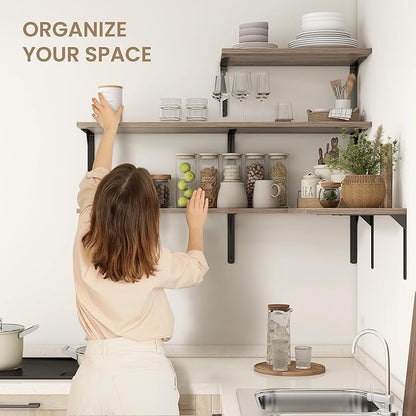 Fun Memories Floating Shelves for Wall, 12 Inch Deep Floating Shelves Set of 2, Wall Mounted Shelf with Metal Brackets, Rustic Wood Wide Shelf for Bathroom, Kitchen and Living Room, Grey, 55W x 12D