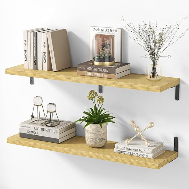 Marsmiles Extra Wide Floating Shelves for Wall, 36x8 Inch Natural Wood Grain Bookshelves, Heavy Duty Mounted Shelving for Bathroom, Kitchen, Living Room, Bedroom,Set of 2，Oak